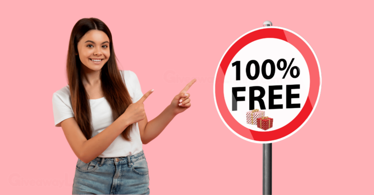 a young woman pointing at a signpost about '100% FREE gifts.'