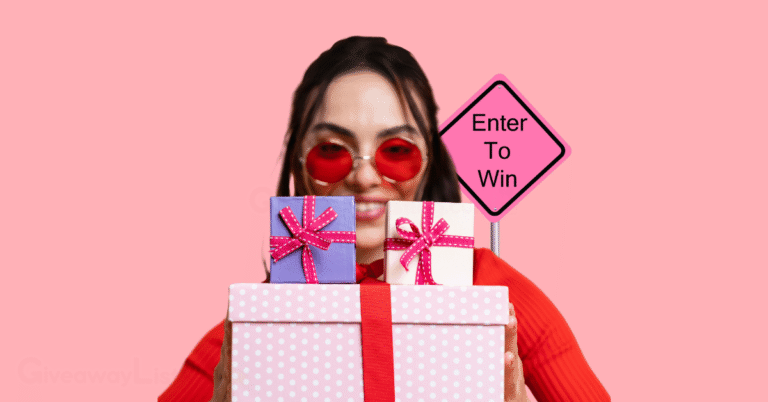 an Influencer carrying gift boxes wrapped with ribbons and a sign that reads 'enter to win' at the background.