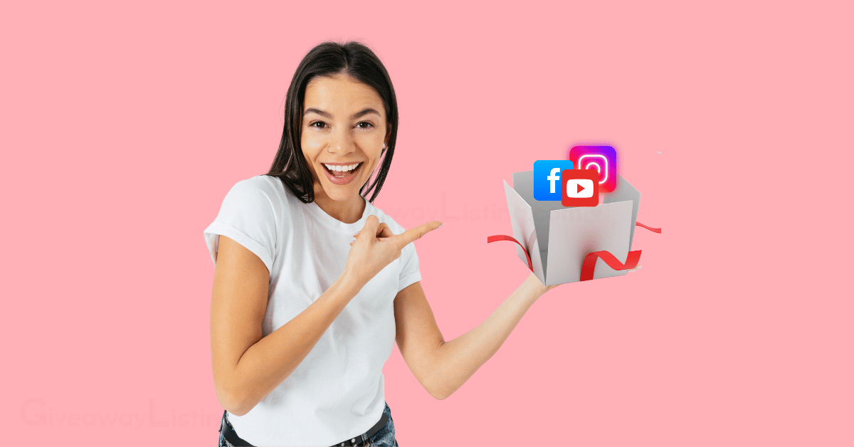 a woman happily holding a gift box with Facebook, Instagram, and YouTube logos inside and pointing at the box with her finger.
