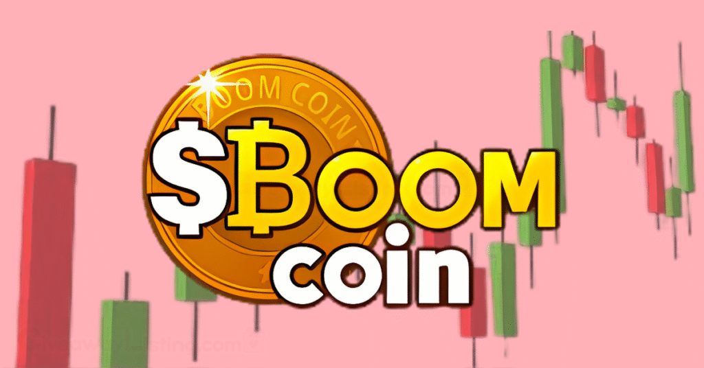 The Boom Loud Coin horizontal logo on a faded background of trading candlesticks