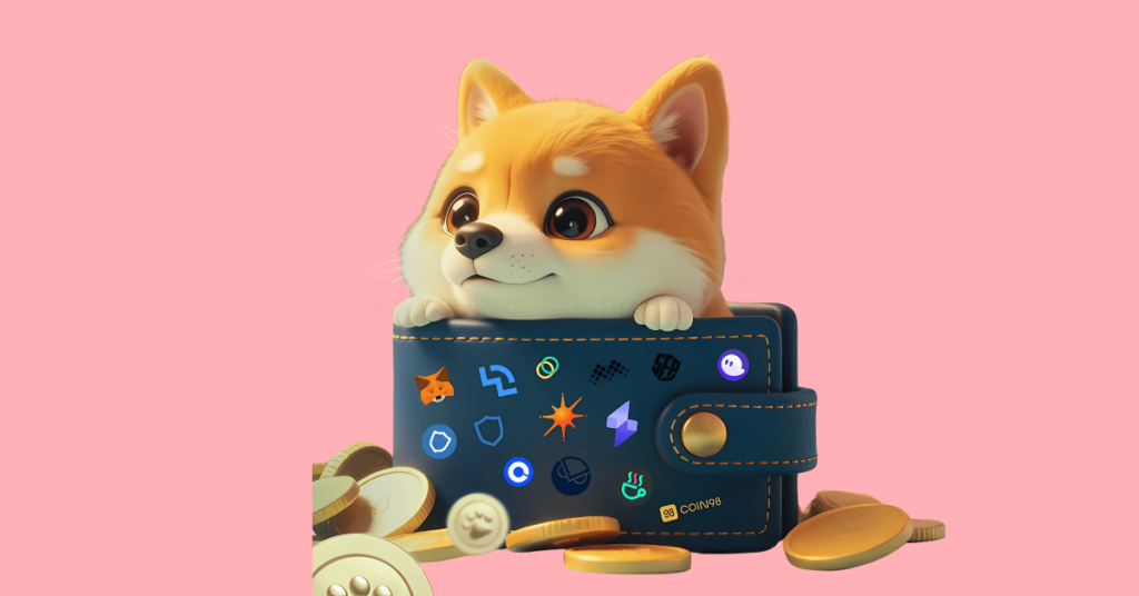 BabyDoge PAWS icon peeping out of a wallet with logos of crypto wallets on it depicting best wallet for BabyDoge PAWS airdrop