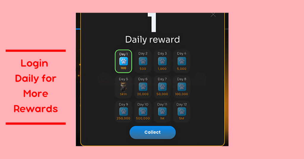 screenshot of the PAWS tokens to be awarded for daily login