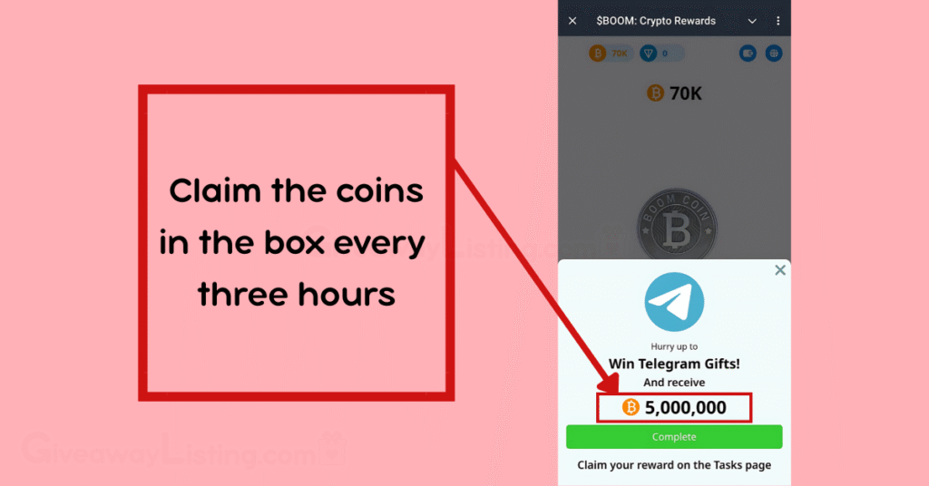 Boom Loud Coin game interface showing how to claim the tokens every three hours