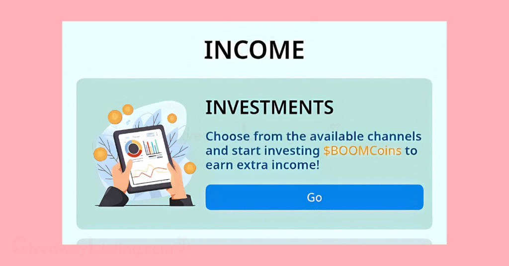 Screenshot from the official Boom Loud Coin game on Telegram showing the investment/trading opportunities within the game