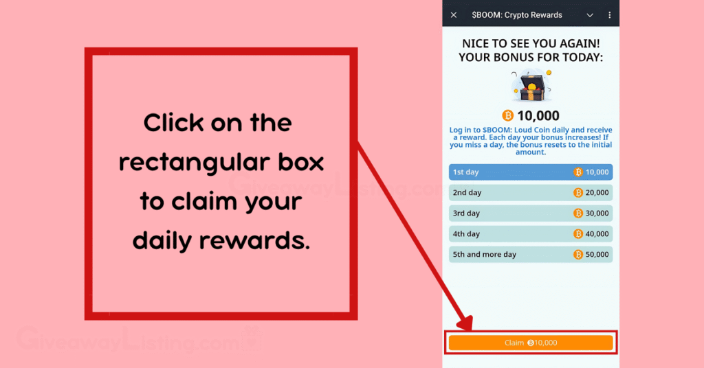 Boom Loud Coin game interfaces showing how to claim the daily rewards