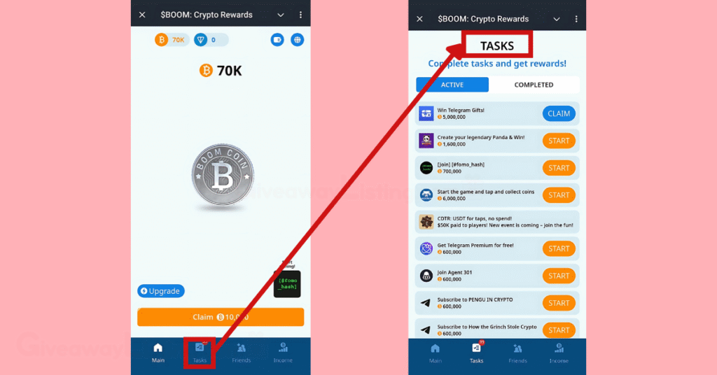 Boom Loud Coin game interfaces showing how to complete the daily tasks