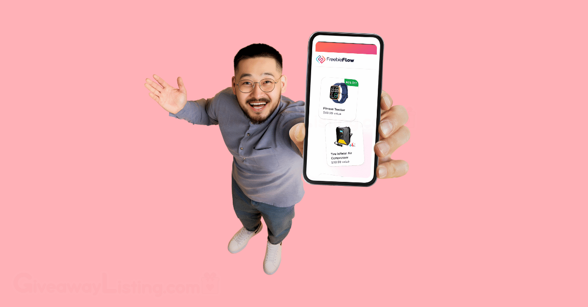 a person holding out his phone showing the FreebieFlow homepage