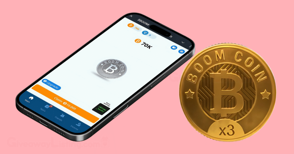 The Boom Loud Coin game start interface on a smartphone mockup and an image of the Boom Loud Coin token.
