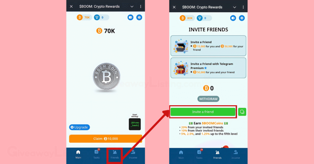 Boom Loud Coin game interfaces showing how to invite friends to play the game