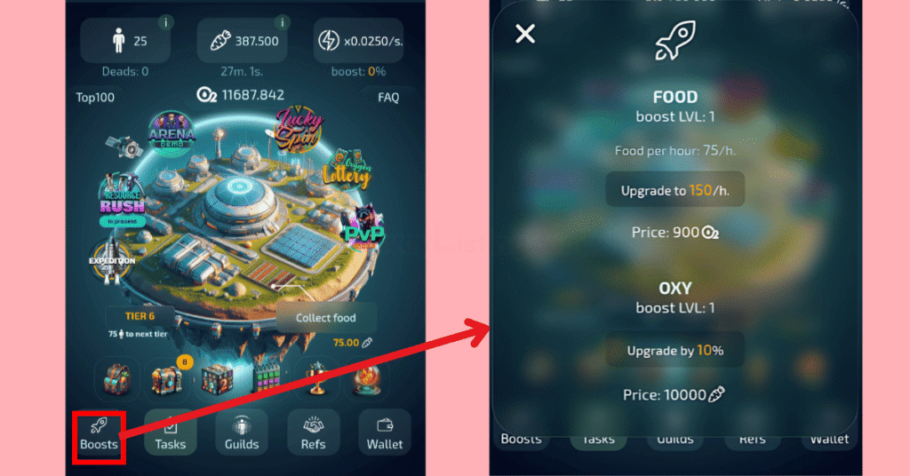 images showing where to find Boosters on Oxygen miner