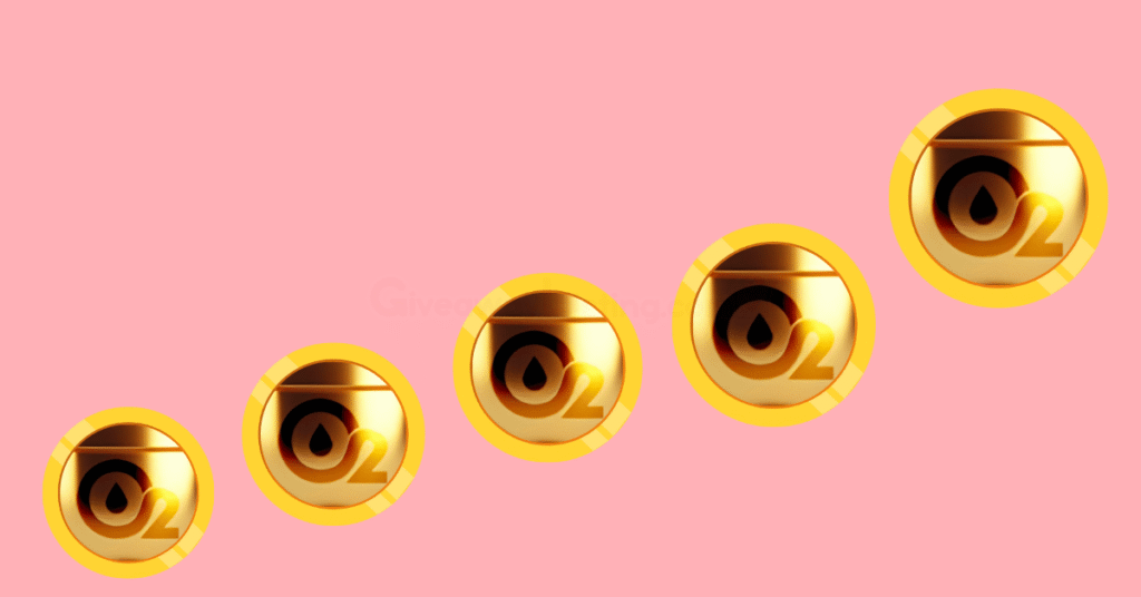 5 OXY coins in ascending order signifying an Oxygen Miner airdrop