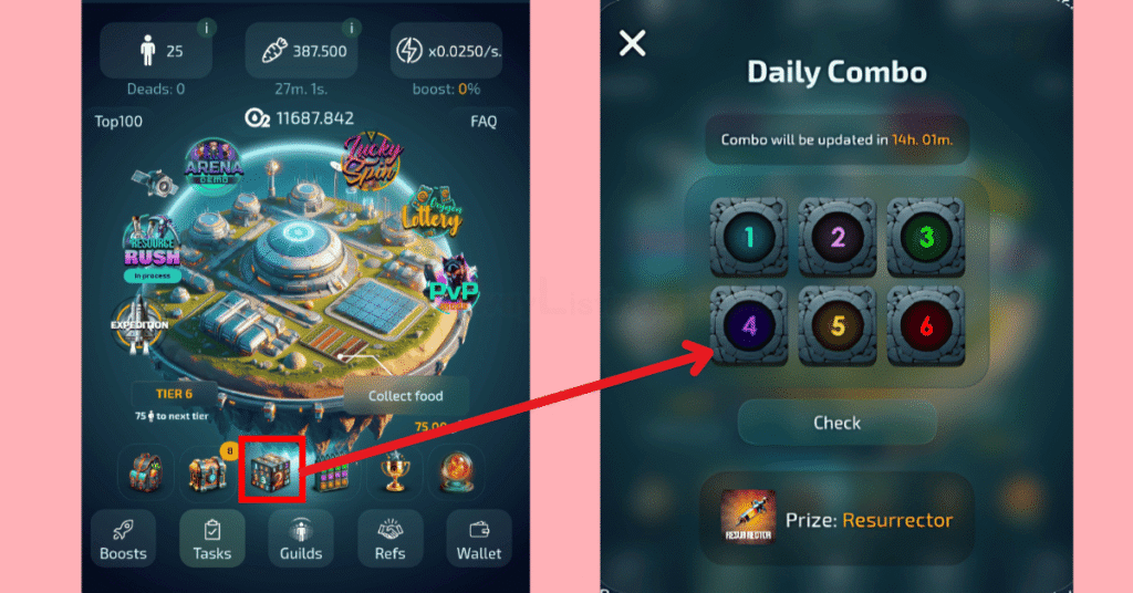 images showing where to find the Daily Combo on Oxygen miner