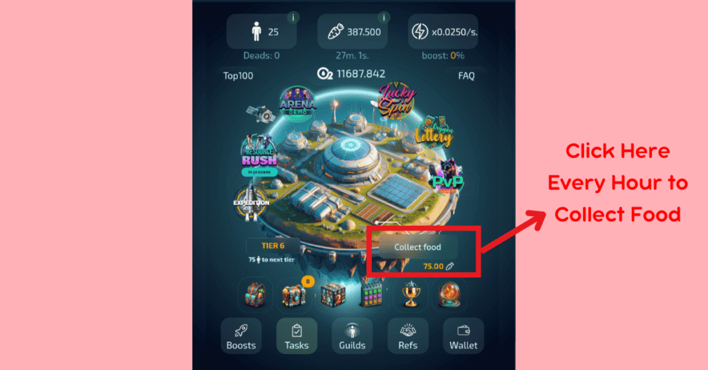 image showing where to find Collect food every hour on Oxygen miner