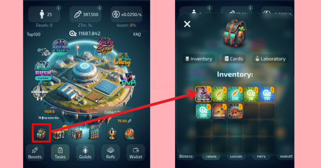 images showing where to find the Inventory on Oxygen miner