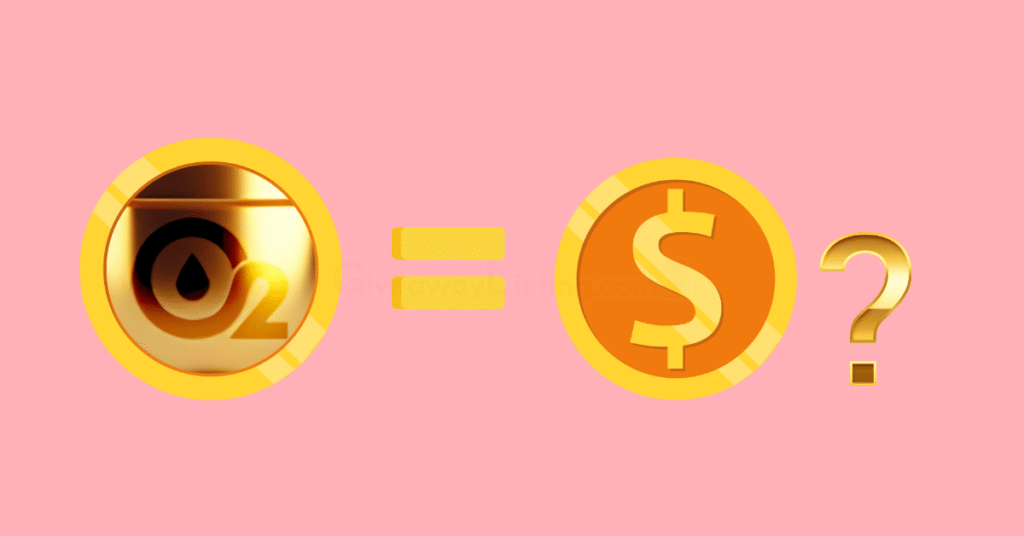 Oxygen Miner Coin, Dollar coin and a gold question mark signifying price predictions for the $OXY token