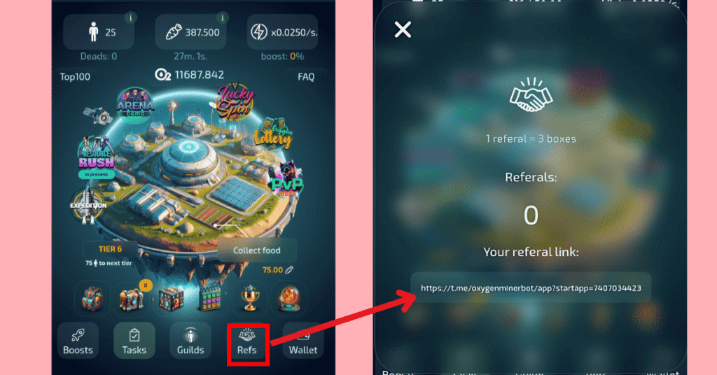 images showing where to find the personalinvite link on Oxygen miner