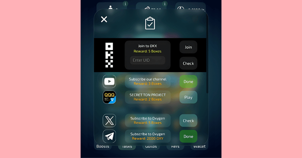 screenshot of available tasks for extra tokens in the Oxygen Miner game