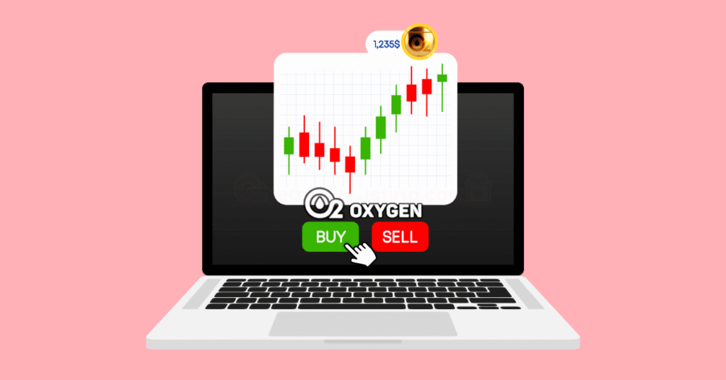 a mock-up of an open laptop with a crypto trade candlesticks and Buy or Sell buttons