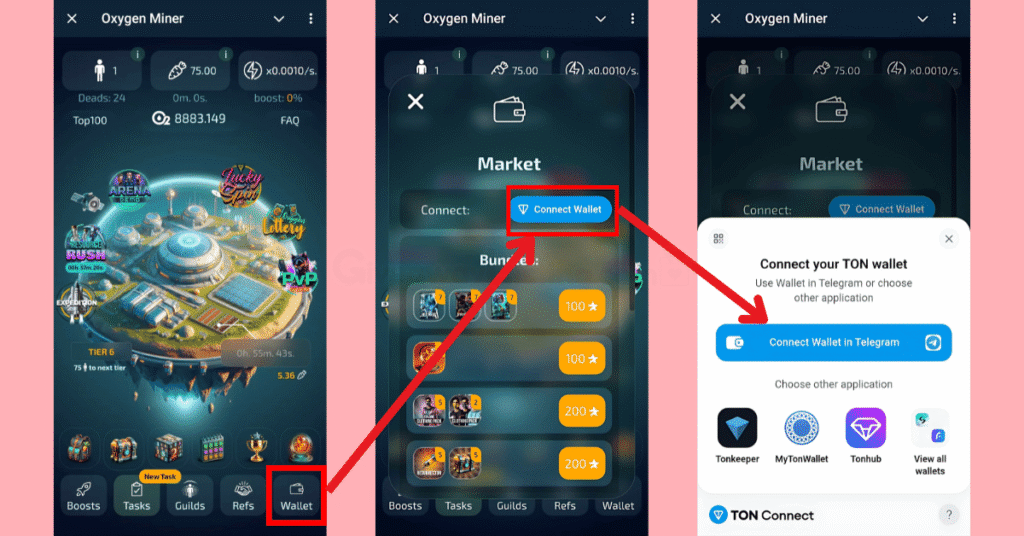image showing how to connect your Telegram wallet on Oxygen miner