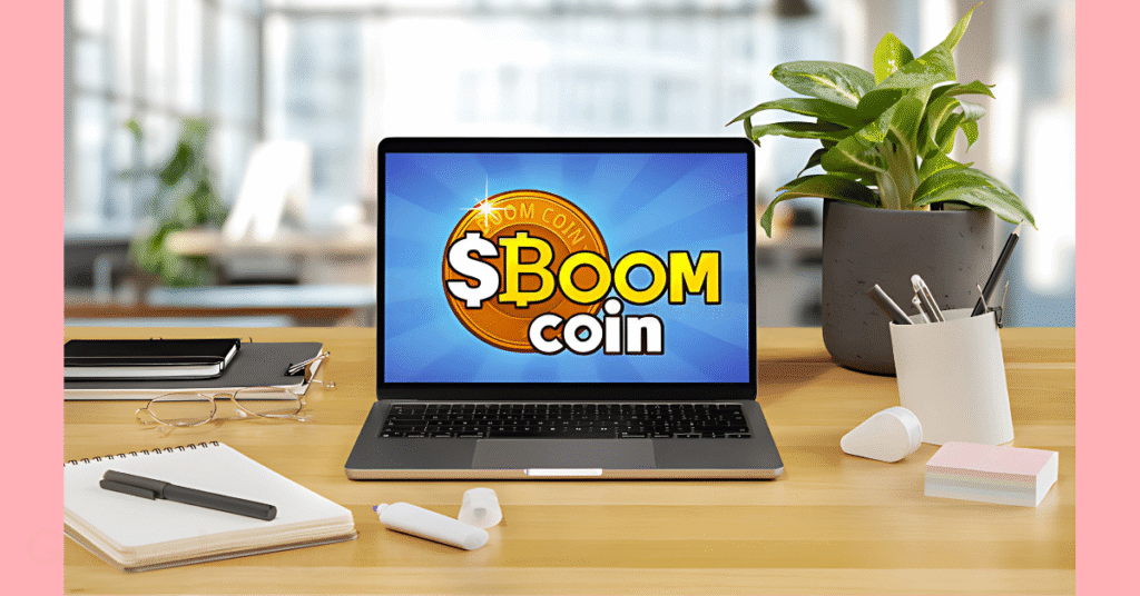 Mockup of the horizontal logo of the Boom Loud Coin game on a laptop sitting on a desk