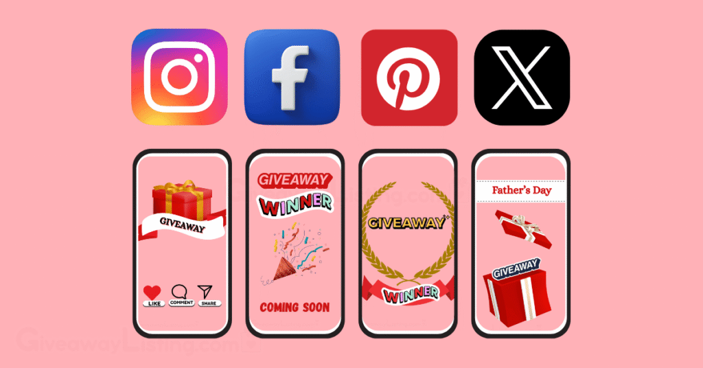 social media logos, with phones under them showing different giveaway image templates.
