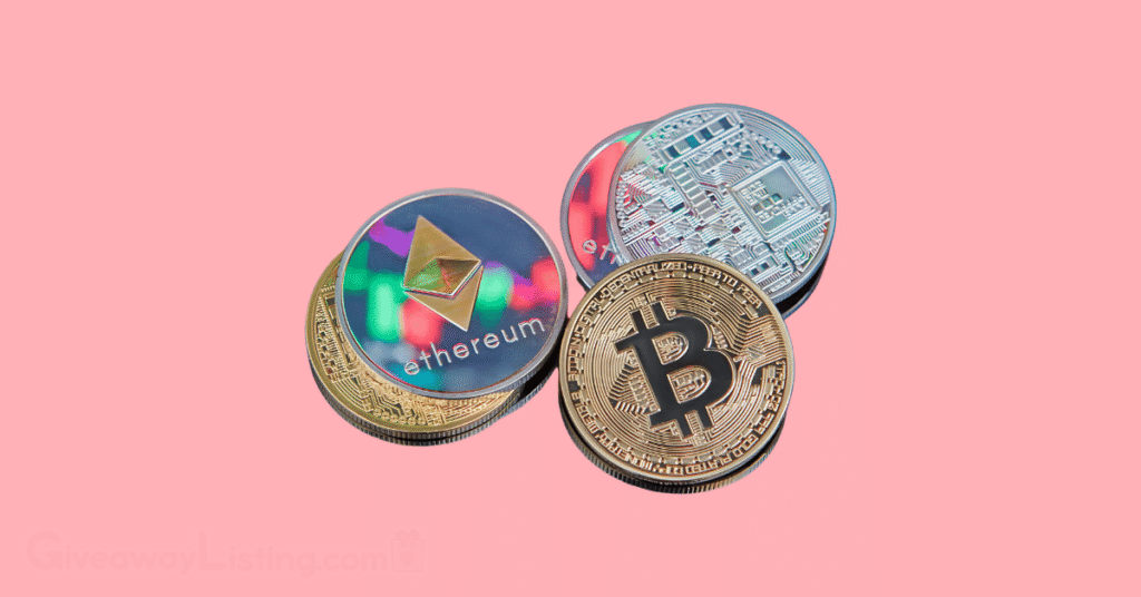 Some Ethereum and Bitcoins in a light pink background.