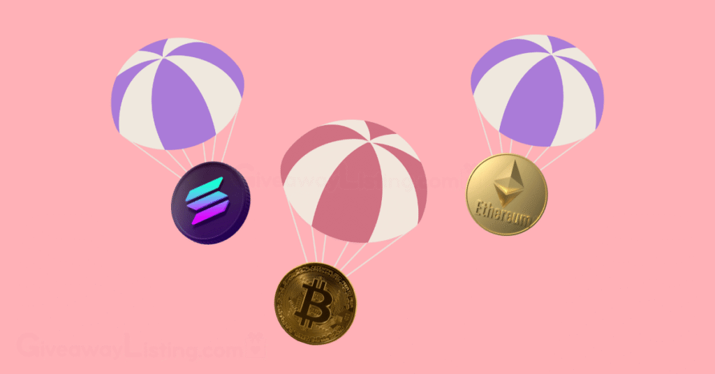 three parachutes with the Ethereum, Solana and Bitcoin logos hanging on each one.
