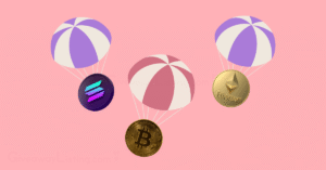 three parachutes with the Ethereum, Solana and Bitcoin logos hanging on each one.