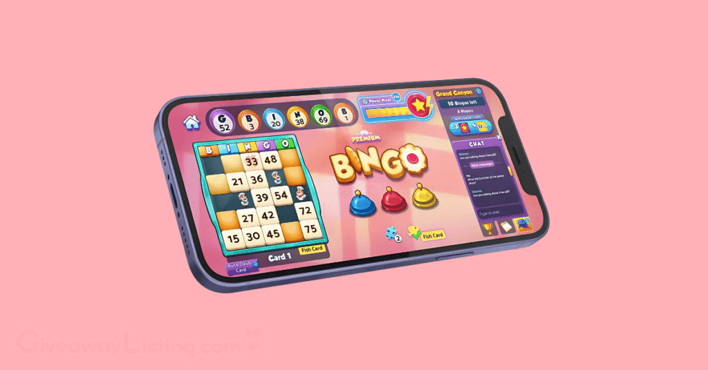 a mobile phone showing the Bingo Bash game interface on a light pink background.