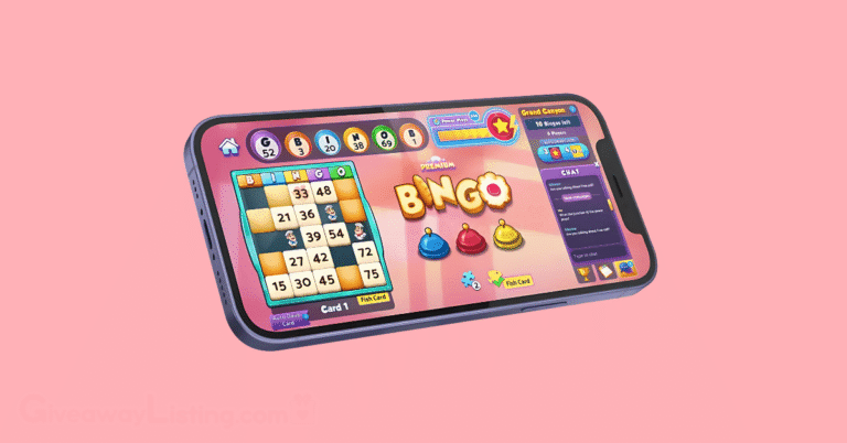 a mobile phone showing the Bingo Bash game interface on a light pink background.