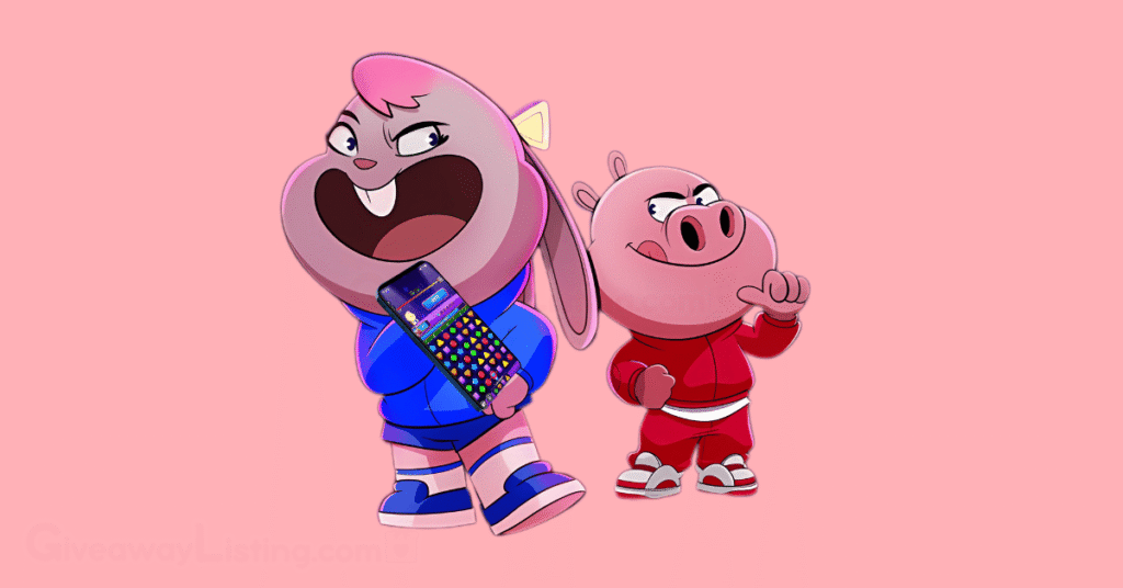 Characters in the Match Masters game holding a mobile phone with the screen showing the game interface.