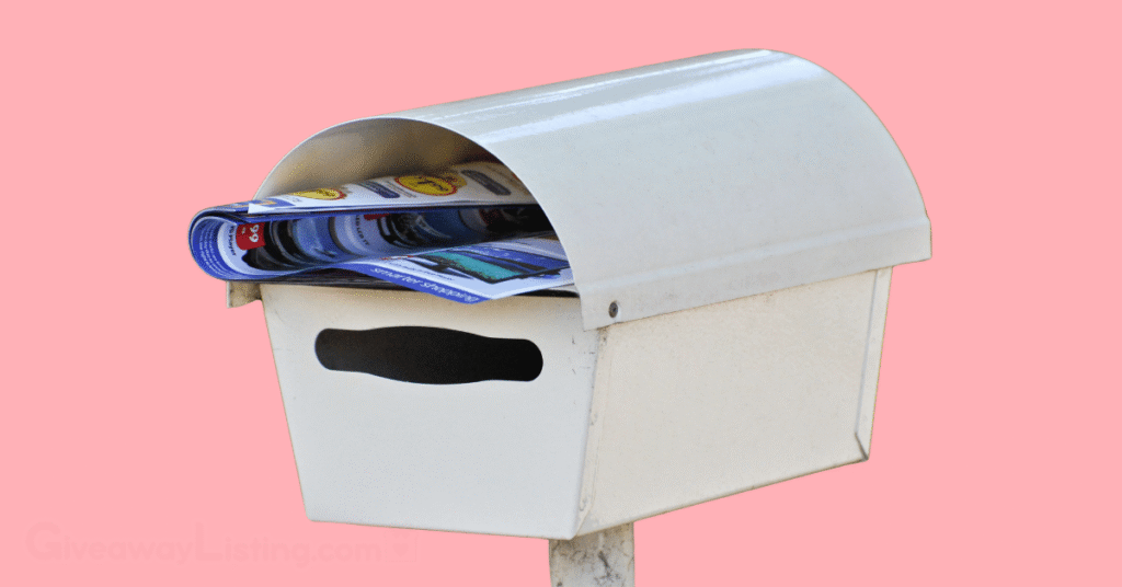 a white mailbox on a light pink background.