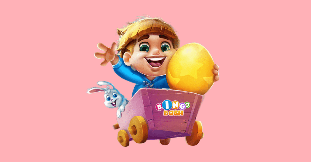 A Bingo Bash game character holding an Easter egg while sitting inside a cart with a Bingo Bash game rabbit.