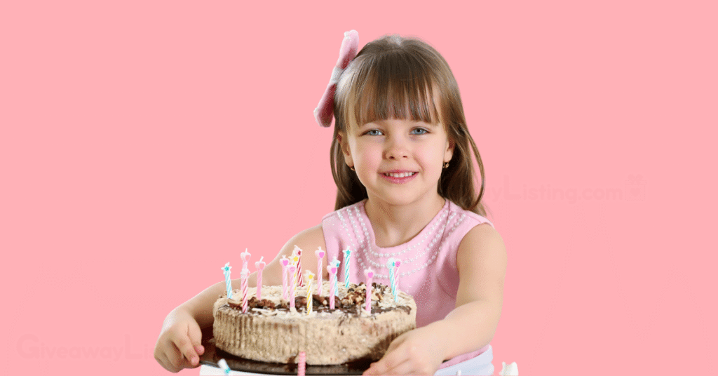 a little birthday girl holding her cake with lots of candles on it.
