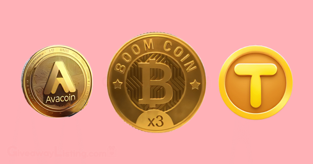 Logos of the Boom Loud Coin token, Avacoin token and Tapcoin token to represent their partnership
