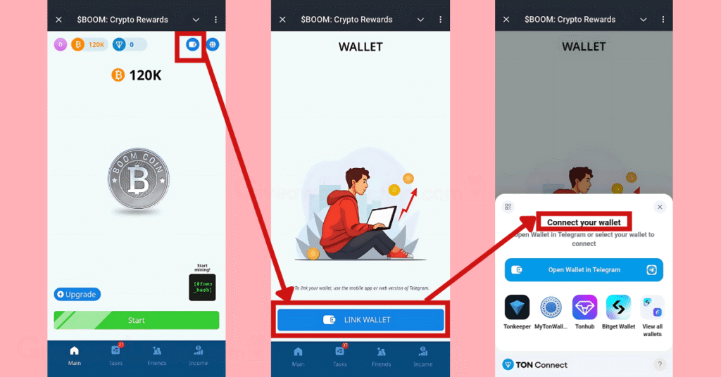 Boom Loud Coin interfaces showing how to connect your wallet