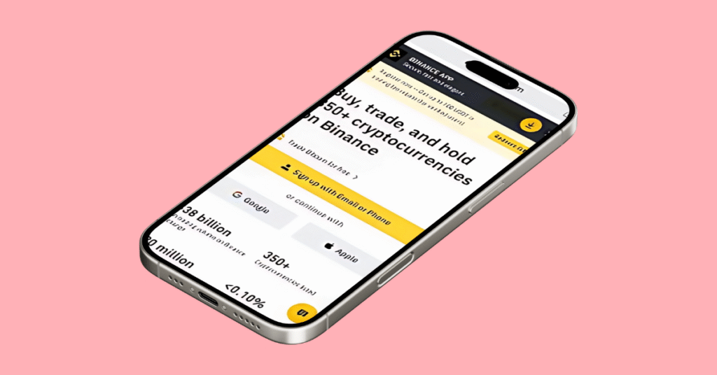 The Binance sign up page on a smartphone mockup