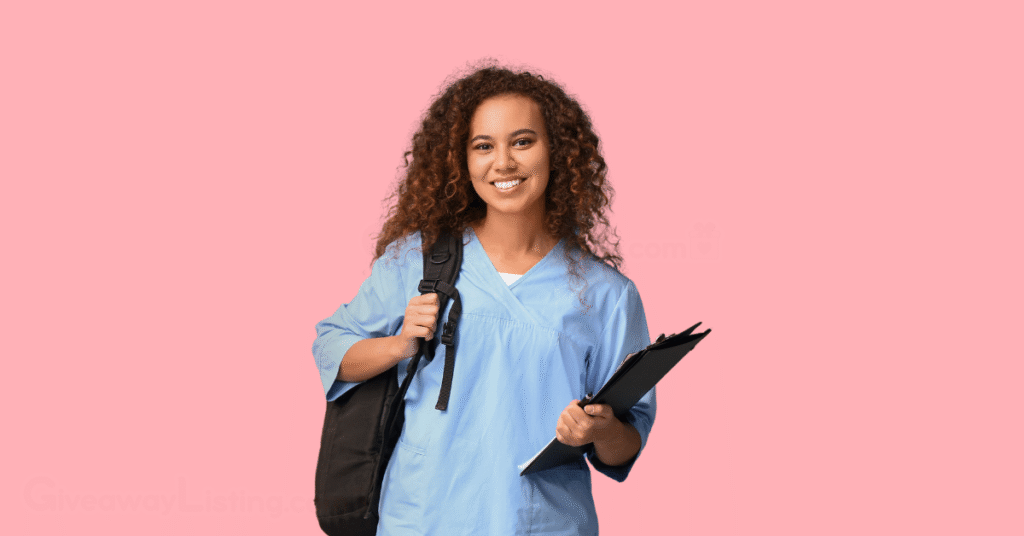 a happy nurse holding a backpack and a pager.