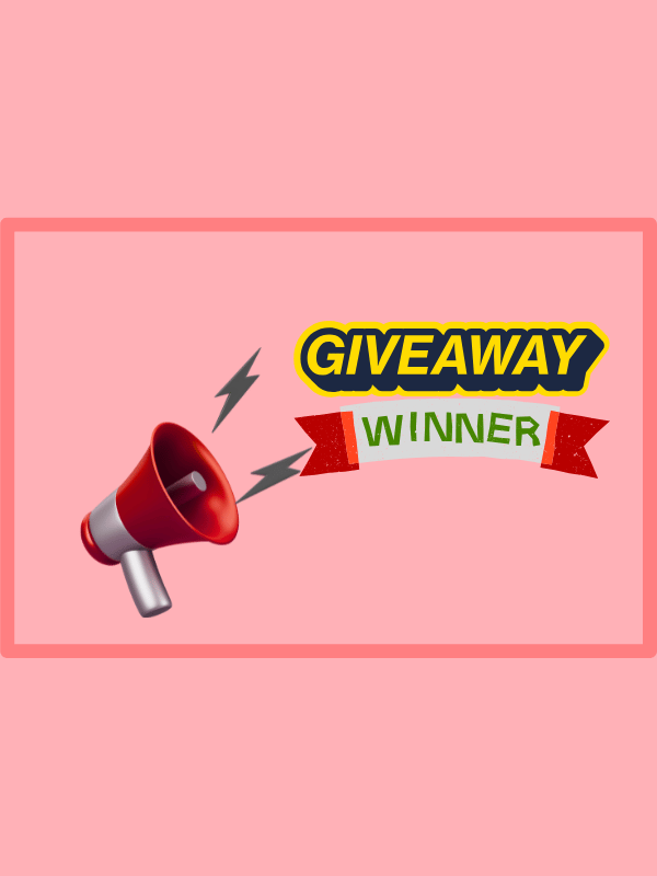 A graphic giveaway image design with a megaphone announcing a giveaway winner on a light background.