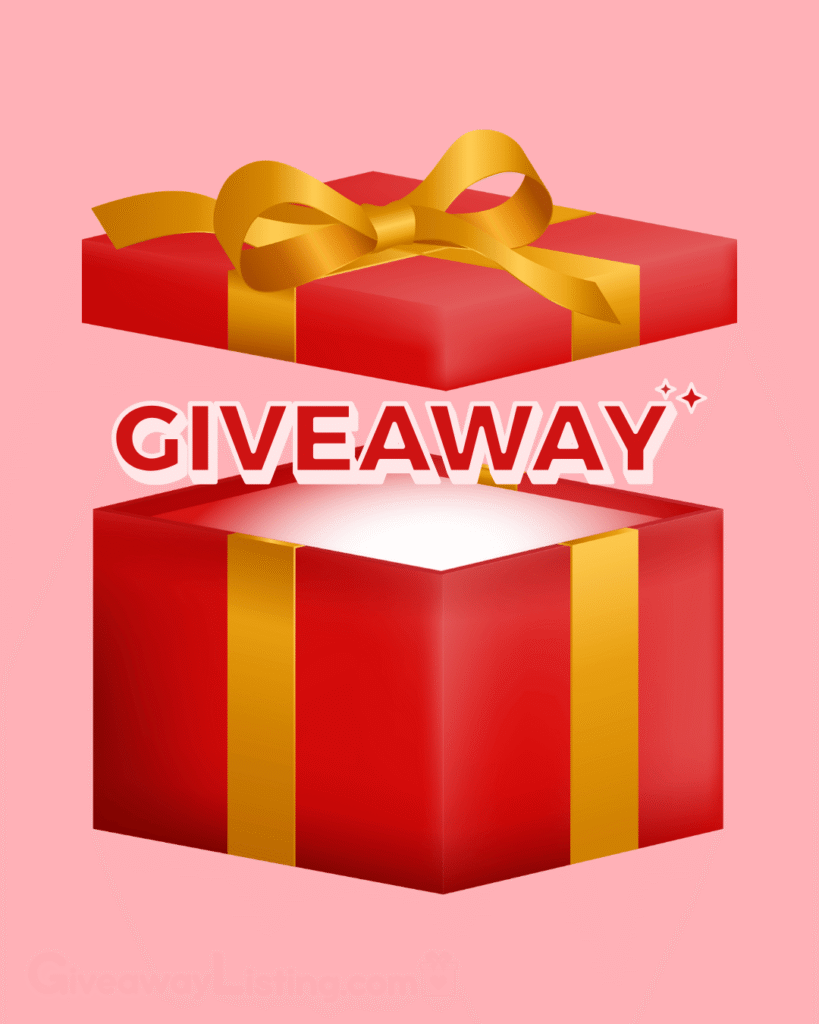 A graphic giveaway image design showing an open gift box on a light pink background, with the Giveaway text inside it.