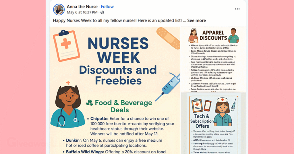 a Facebook post showing nurses' week freebies.