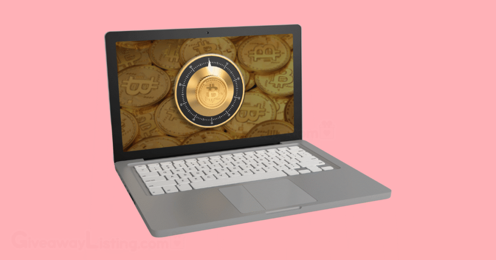 A laptop showing Bitcoin logos.