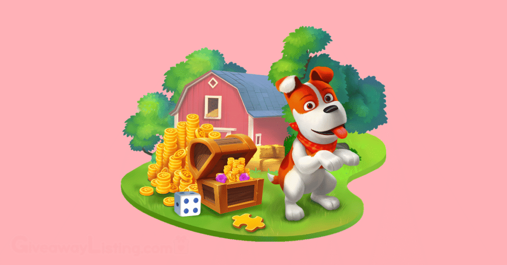 Sam, the dog standing in front of a mini dog house and a stack of Solitaire Grand Harvest coins, beside him.