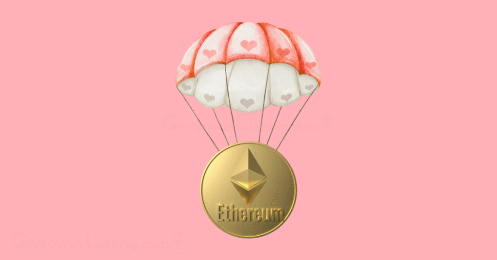 A pink parachute with the Ethereum coin hanging on it.