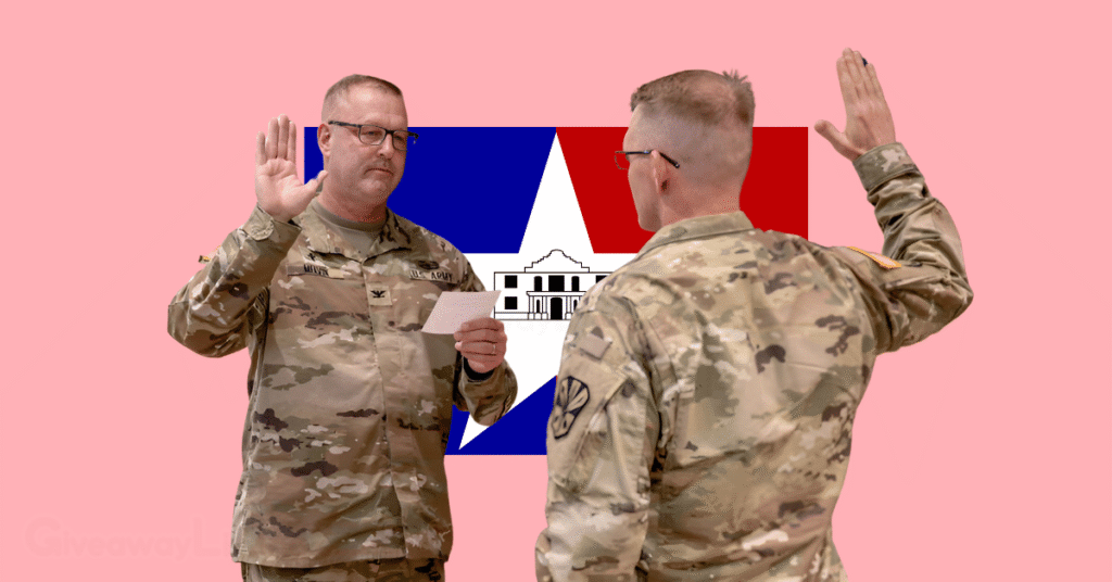 Two Veterans raising their right hands, and the Texas city flag in the background.