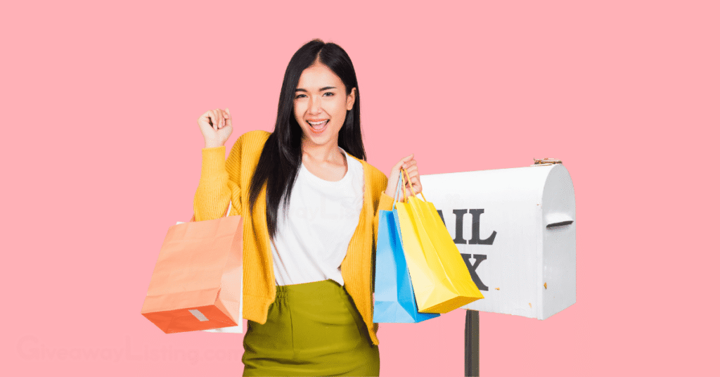 a person excitedly holding bags of freebies with a mailbox behind her.