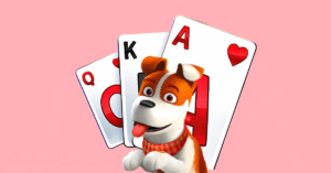 Sam the Dog of Solitaire Grand Harvest and a some game cards behind it.