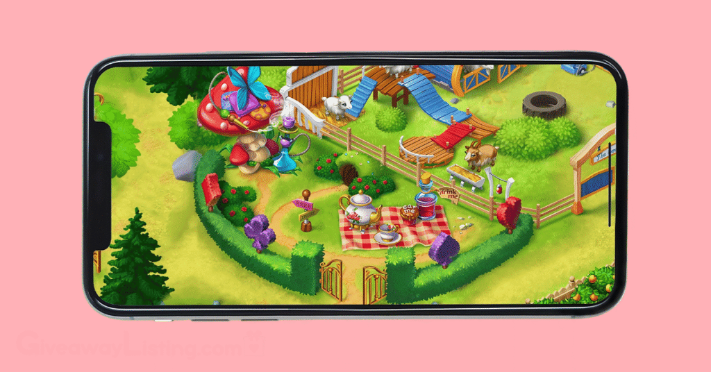 a mobile phone with the screen displaying the Solitaire Grand Harvest farm game interface.