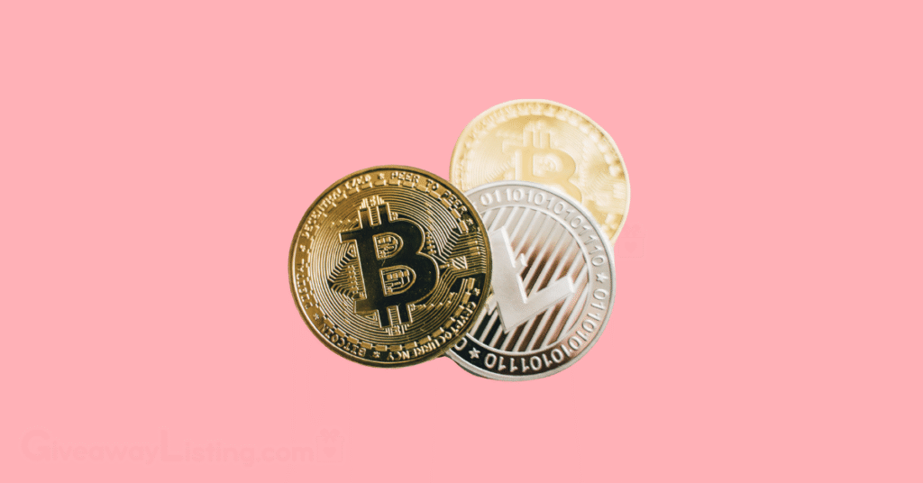 The Bitcoin and Ethereum coins on a light pink background.
