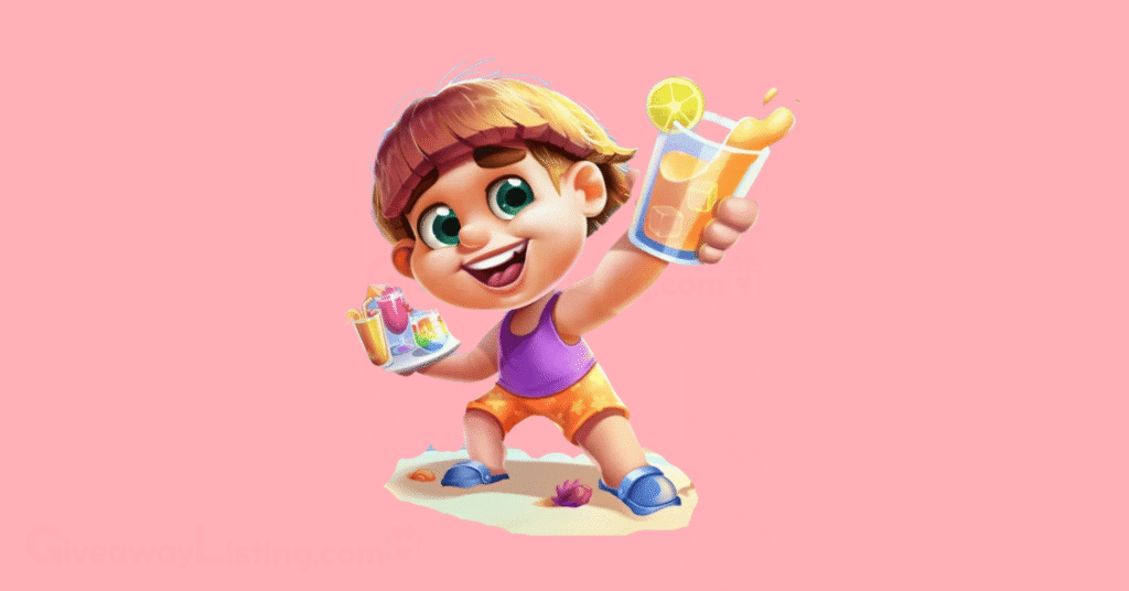 A Bingo Bash game character holding glasses of drinks at a beach.